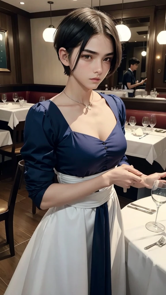 absolutely male face,strong jawline , male oval face,boyish face tomboy,completely male face futures, boyish boylike shorthair face,beautiful cleavage,ultra girlish wear, you get a marriage proposal, romantic dinner at a restaurant, Tomboy is called to wife,beautiful feminine clothing,ultra-feminine girlish setting,female accessories