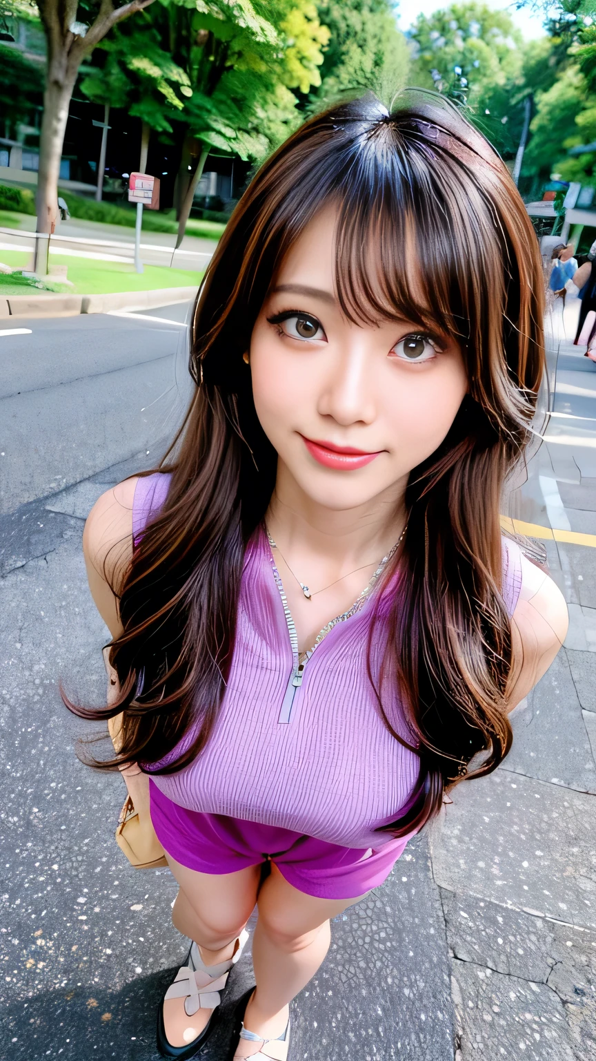 seed:4195271995,((Full Body Angle:1.1)),((Highest quality, 8K, masterpiece: 1.3)), concentrated: 1.2,Front hair:1.3, Cute girl 1,Nipples erect、 Perfect beauty: 1.4,Colorful ribbed knit half-zip T-shirt、Shorts,: 1.2,Randall Color、comics&Text Graphics、Black,1.1, Highly detailed face and skin textures, Fine grain, double eyelid, whitening skin, ,Highest quality,Ultra-high resolution,you,1 girl,alone,_Shiny_skin,Iris,necklace,((brown_length_Wavy_hair)),(lips)),eyelash,Front hair,deal with,compensate,Shiny,pore,skin texture,Large Breasts、smiling face、Front hair、Walking in the park、walk