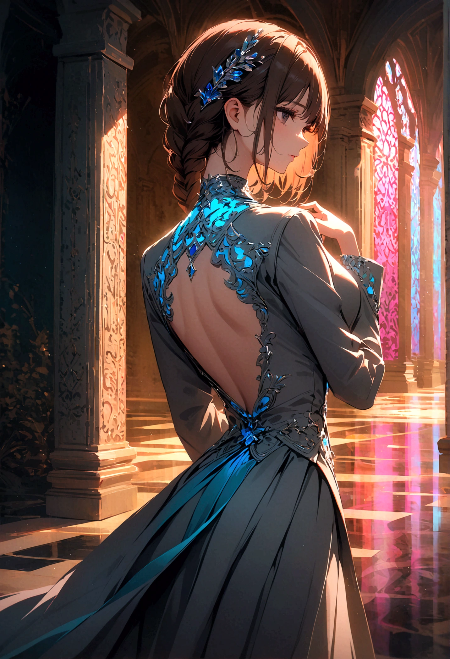A woman with brown braided hair and black eyes wearing a gray suit with her back turned half her face stood alone in the middle of the palace at night.