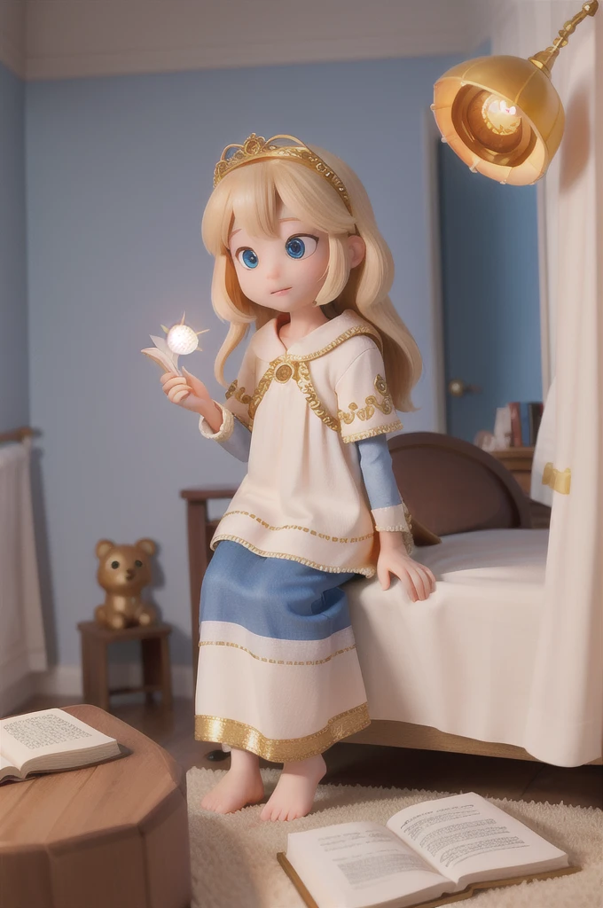 there is a with golden hair with beautiful and big brown eyes with white sparkles, she is in her room, while she is holding a book with a golden cover, she is sitting on the bed, and from the book emanates a golden light (( the book is magic)) the blue light emanates from the pages of the book, ((the blue light reflects on the little girl's face)), the book is color golden
