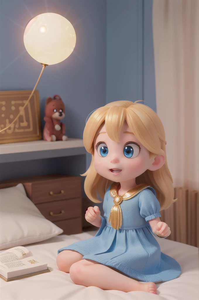 there is a with golden hair with beautiful and big brown eyes with white sparkles, she is in her room, while she is holding a book with a golden cover, she is sitting on the bed, and from the book emanates a golden light (( the book is magic)) the blue light emanates from the pages of the book, ((the blue light reflects on the little girl's face)), the book is color golden