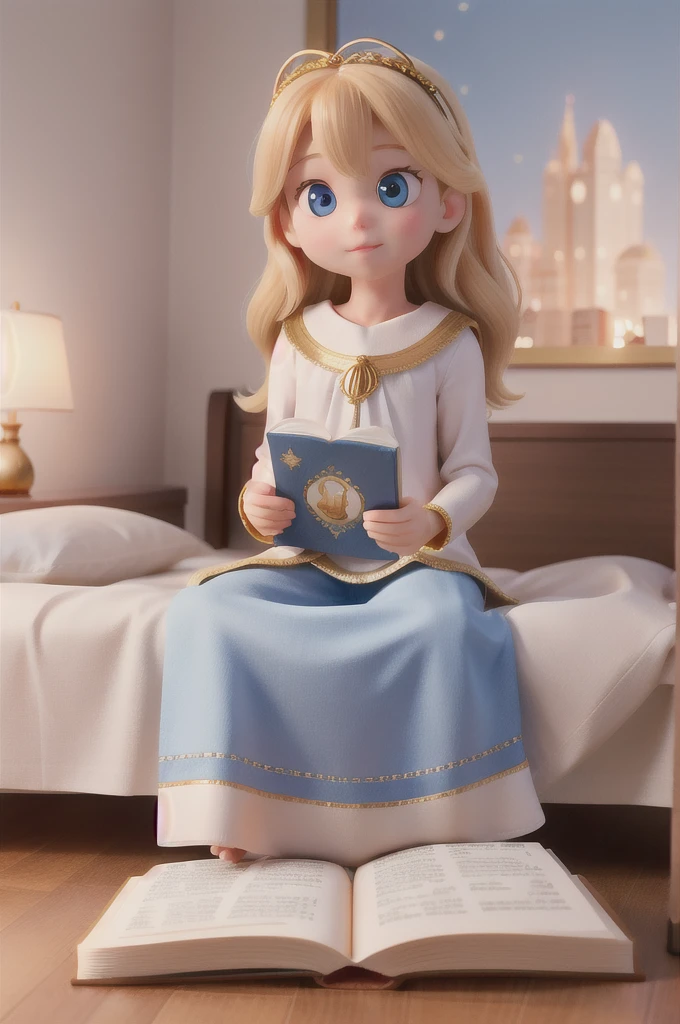 there is a with golden hair with beautiful and big brown eyes with white sparkles, she is in her room, while she is holding a book with a golden cover, she is sitting on the bed, and from the book emanates a golden light (( the book is magic)) the blue light emanates from the pages of the book, ((the blue light reflects on the little girl's face)), the book is color golden