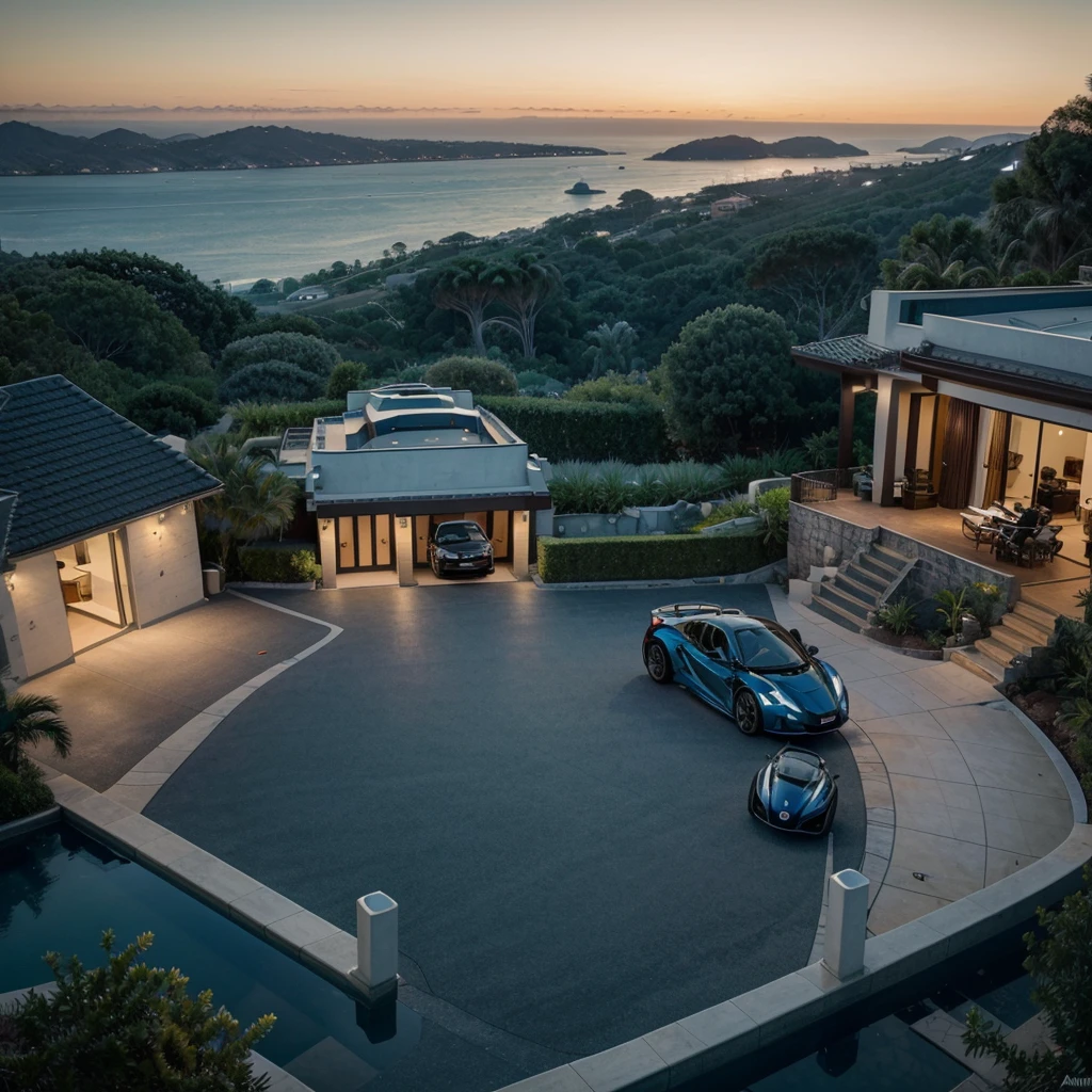 Imagine an opulent villa nestled in the Hollywood Hills during twilight. The villa showcases sleek, modern architecture with expansive glass walls reflecting the hues of the sunset. Parked on the winding driveway are luxurious vehicles: a crimson McLaren, a vivid yellow Bugatti, a sleek black Bentley, a polished silver Aston Martin, and a metallic blue Ferrari.
Next to the cars, two high-performance motorcycles, a lime-green Ducati Panigale and a cobalt-blue BMW S1000RR, are parked, their streamlined forms adding to the scene's allure. In the sky above, a private helicopter descends while a private jet approaches for landing at a nearby airstrip.
At the villa's private dock, several yachts gleam in the water, their graceful outlines contrasting against the shimmering waves. In the foreground, a couple stands united: the woman in an exquisite gown matching the golden horizon, and the man in a meticulously tailored suit. Their expressions radiate contentment and achievement as they gaze towards the horizon, embodying a narrative of prosperity and ambition.
