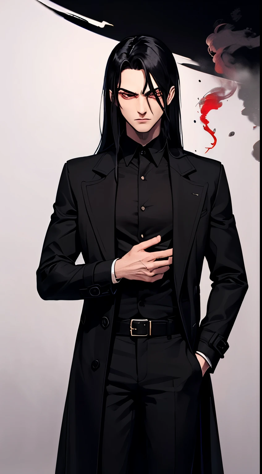 (((Long hair))), Vampire, One handsome young man of 30 years old ((thin body)), ((long black straight hair)), ((red eyes)), ((black trench fabric coat)), He wears a dark suit, consisting of black pants, a black cloak, a black shirt, and a black coat, which adds to his mysterious allure, (black shirt), an evil serious concentrated expression on his face, thin eyebrows, long eyelashes, serious thin face, a straight nose, (red smoke everywhere)