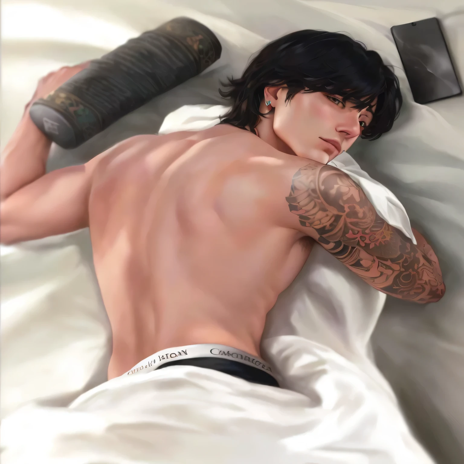 Hay una hombre acostado en la cama con un control remoto, high resolution commission, highly detailed exquisite arte de fan, j. c. Leyendecker. pelo negro, inspirado en Jeon jungkook, recostado en la cama, detailed arte de fan, arte de fan, despertando, inspirado en jeon jungkook, inspirado en jeon jungkook 