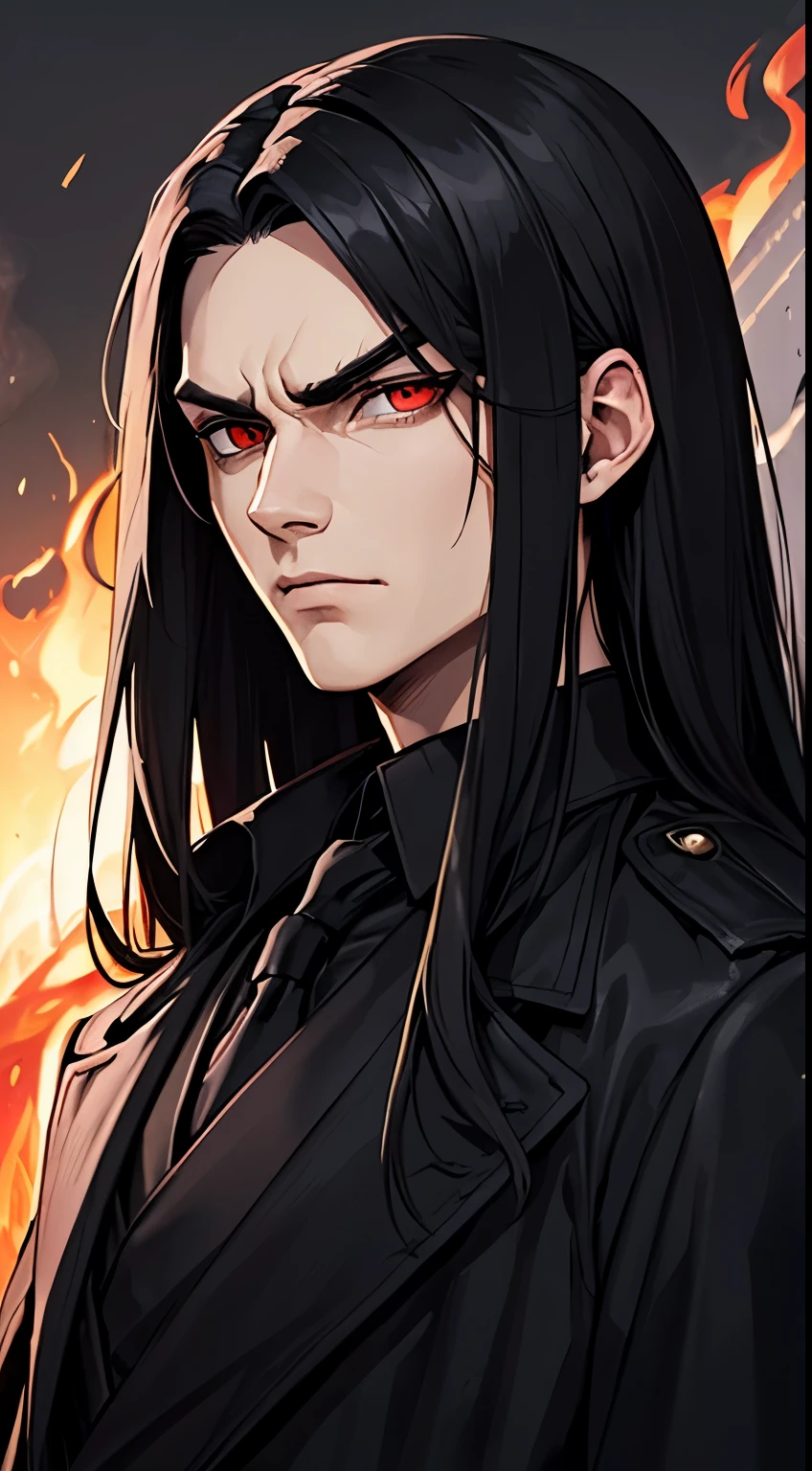 (((Long hair))), Vampire, One handsome young man of 30 years old ((thin body)), ((long black straight hair)), ((red eyes)), ((black trench fabric coat)), He wears a dark suit, consisting of black pants, a black cloak, a black shirt, and a black coat, which adds to his mysterious allure, (black shirt), an evil serious concentrated expression on his face, thin eyebrows, long eyelashes, serious thin face, a straight nose, (red smoke everywhere)