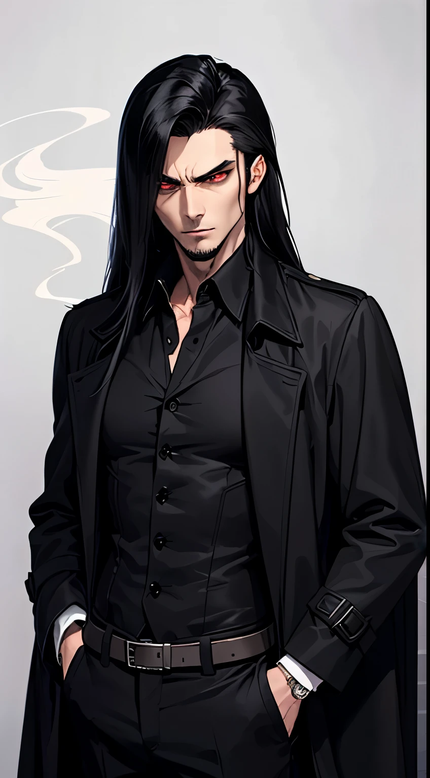 (((Long hair))), Vampire, One handsome young man of 30 years old ((thin body)), ((long black straight hair)), ((red eyes)), ((black trench fabric coat)), He wears a dark suit, consisting of black pants, a black cloak, a black shirt, and a black coat, which adds to his mysterious allure, (black shirt), an evil serious concentrated expression on his face, thin eyebrows, long eyelashes, serious thin face, a straight nose, (red smoke everywhere)