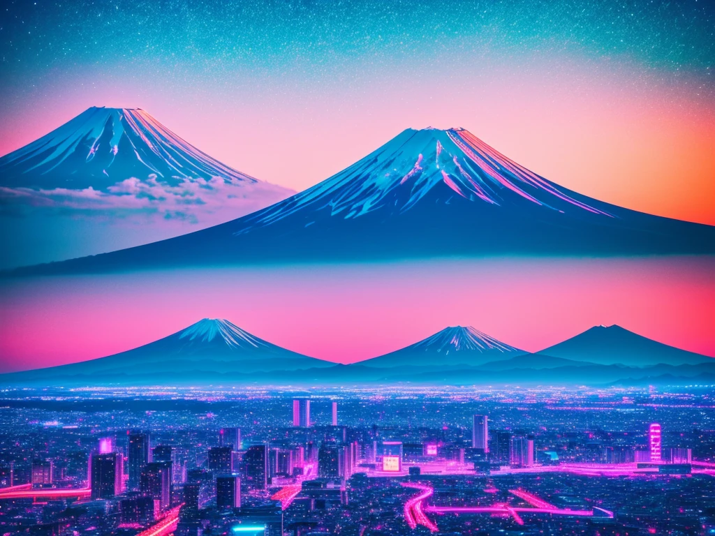 mount fuji, japanese city, synthwave, neon signs,