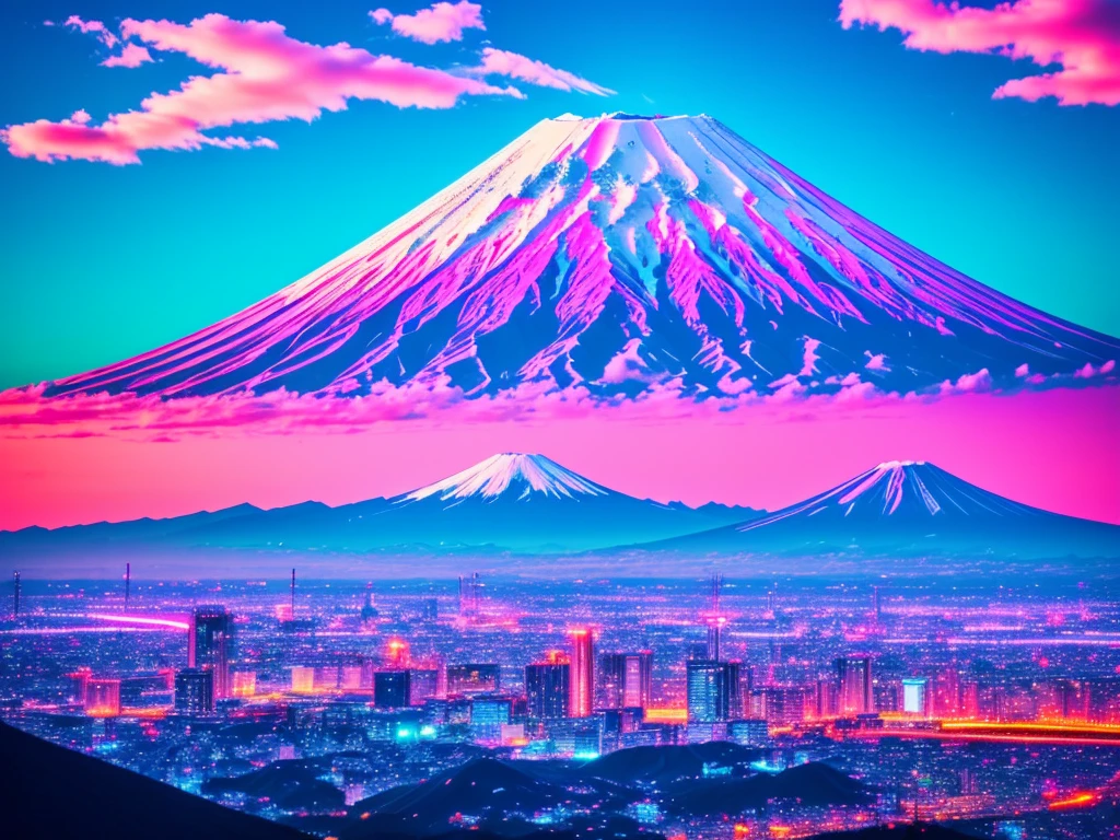 mount fuji, japanese city, synthwave, neon signs,