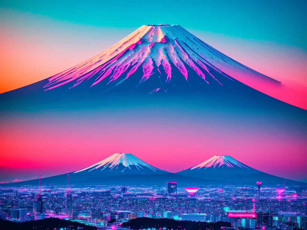 mount fuji, japanese city, synthwave, neon signs,
