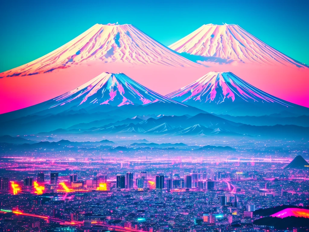 mount fuji, japanese city, synthwave, neon signs,