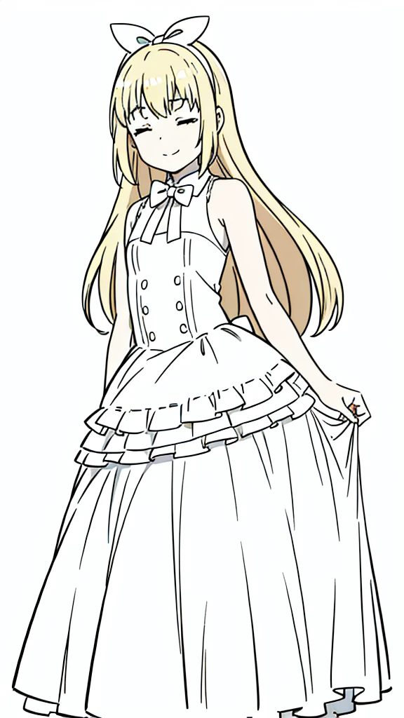 (1girl,8 years old,small),blonde hair,long hair, white dress, sleeveless, bow tie, bare shoulders,closed eyes,smile,(white background,line drawing),leaning forward,a closed hand