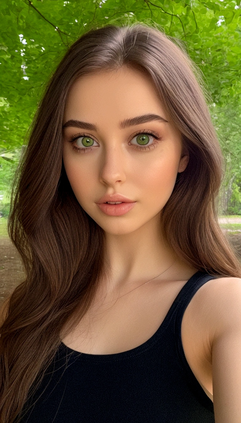 Afared Full Woman, with green eyes, Nude, Ultra realistic, Meticulously detailed, portrait of Sophie Mudd, Brunette hair and Big Eyes, Selfie of a young woman, Bedroom eyes, Violet Myers, No Makeup, Natural Makeup, Looking directly at the camera, face artgram, subtle make-up, impressive photo of the whole body kneeling, in the park, Medium and large size chest, allowing the face to be seen clearly, portrait, in a park
