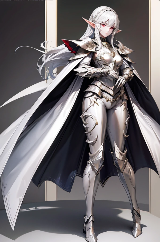 female elf knight, full body art, silver hair, white skin, red iris eye, knight full plate adorned armor, silver cape, perfectly detailed