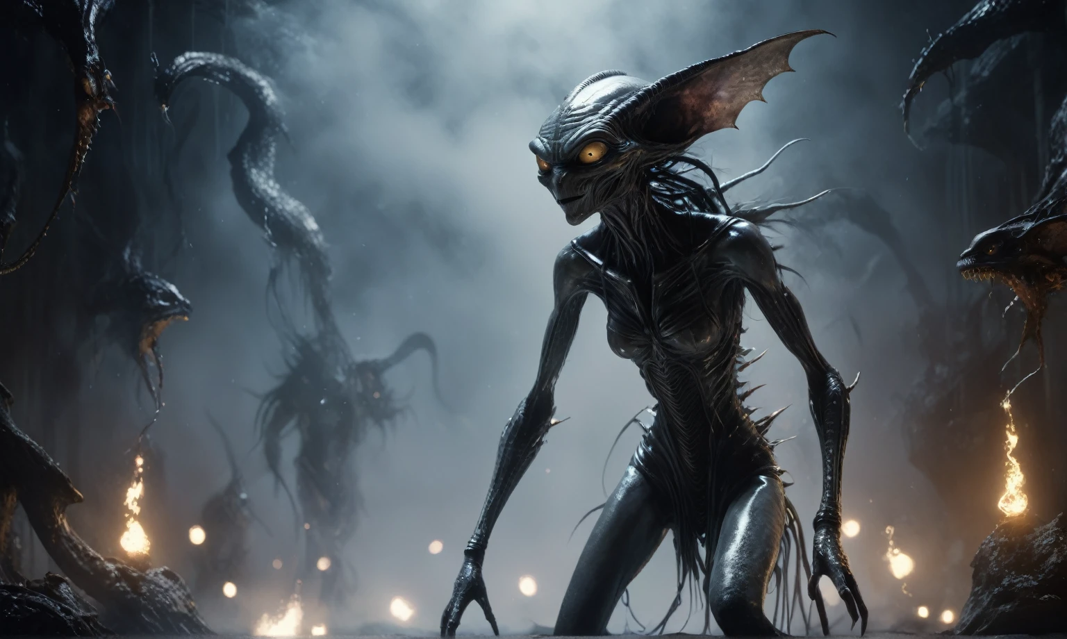 full body length,niobium goblin,native africa xenomorph,once pretty face,eyebrow up,full body shot,ominous landscape,niobium gray atmosphere,photo,photorealism,Masterpiece,natural skin textures, hyper realism,hyper detailed,High contrast,Realism,Ultra Detailed,irina yermolova,close full body shot,32K resolution,Nikon Z9, ,demonic, dust, smoke, audience, mist, featuring ultra-realistic and hyper-realistic elements,
Marta Bevacqua, Ellen Jewett, Kawacy, Katsuya Terada, Carne Griffiths, explosive lightning, sparks, concert lighting, bokeh, luminal space that feels
both bright and surreal. Includes liquid fluid elements for added depth and movement. Rendered in an unreal
engine and post-processed to achieve . Evokes a sense of dreamy, ethereal
and mystical mood,horror pixar movie still,thriller disney movie ,pixar render, animated