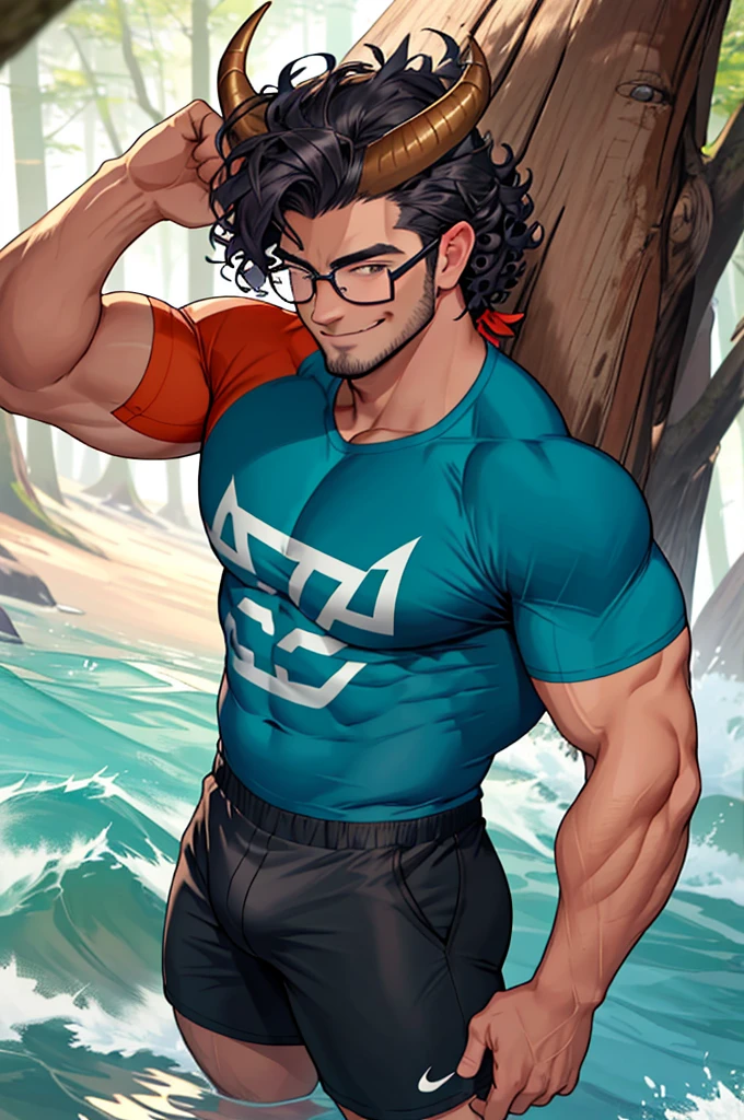 very muscular bull man, big breasts, tight shirt, small horns and bull ears, long bull tail, tight shorts showing bulge, man in forest, sexy bull man, tender face, small round horns, wears glasses, curls and waves, short but fluffy hairhairstyle with waves, man would be smiling, slightly downward camera perspective