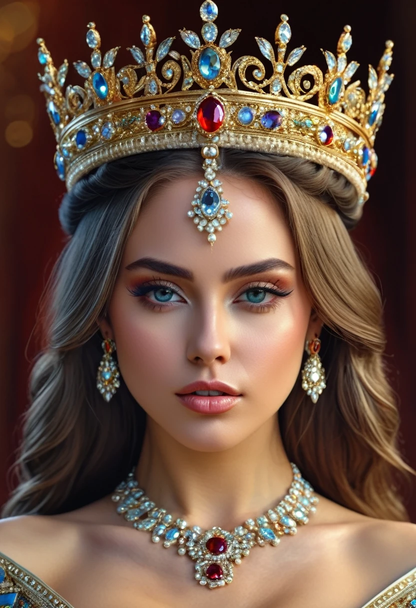 hyper realistic a pretty woman with a crown and jewels on her head, portrait of a beautiful goddess, a beautiful fantasy empress, goddess close-up full body portrait sensual, extremely high detail, a stunning portrait of a goddess, a beautiful fantasy empress, beautiful fantasy art portrait, UHD, 8K