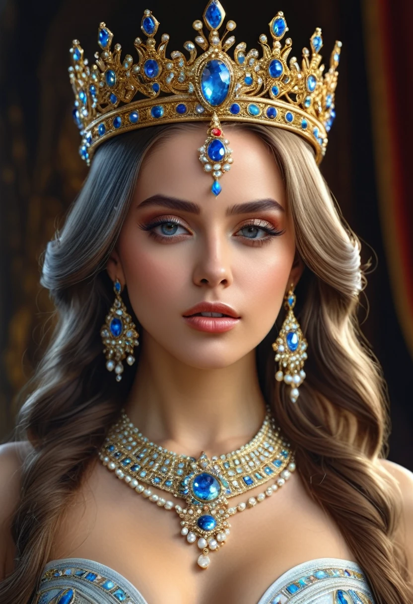 hyper realistic a pretty woman with a crown and jewels on her head, portrait of a beautiful goddess, a beautiful fantasy empress, goddess close-up full body portrait sensual, extremely high detail, a stunning portrait of a goddess, a beautiful fantasy empress, beautiful fantasy art portrait, UHD, 8K