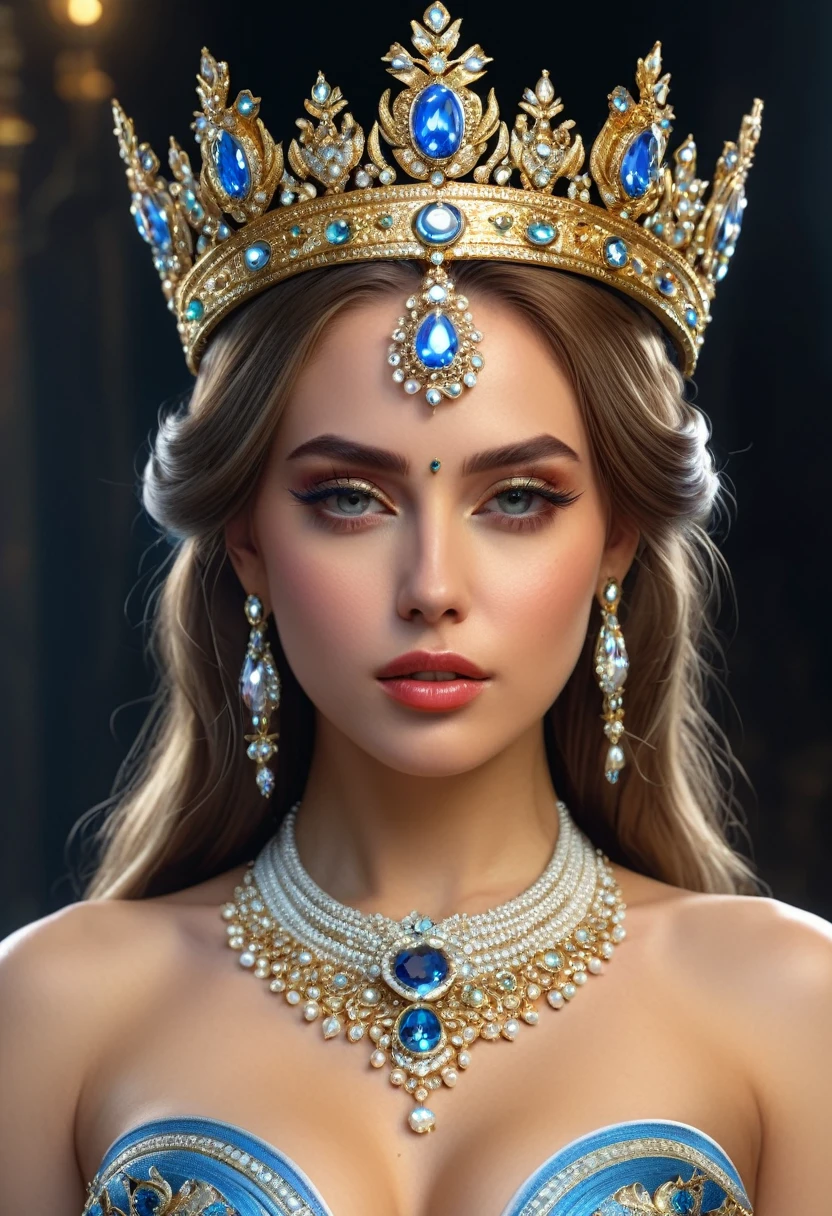 hyper realistic a pretty woman with a crown and jewels on her head, portrait of a beautiful goddess, a beautiful fantasy empress, goddess close-up full body portrait sensual, extremely high detail, a stunning portrait of a goddess, a beautiful fantasy empress, beautiful fantasy art portrait, UHD, 8K