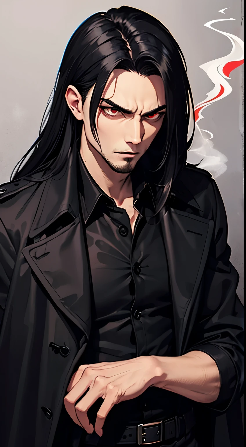 (((Long hair))), Vampire, One handsome young man of 30 years old ((thin body)), ((long black straight hair)), ((red eyes)), ((black trench fabric coat)), He wears a dark suit, consisting of black pants, a black cloak, a black shirt, and a black coat, which adds to his mysterious allure, (black shirt), an evil serious concentrated expression on his face, thin eyebrows, long eyelashes, serious thin face, a straight nose, (red smoke everywhere)