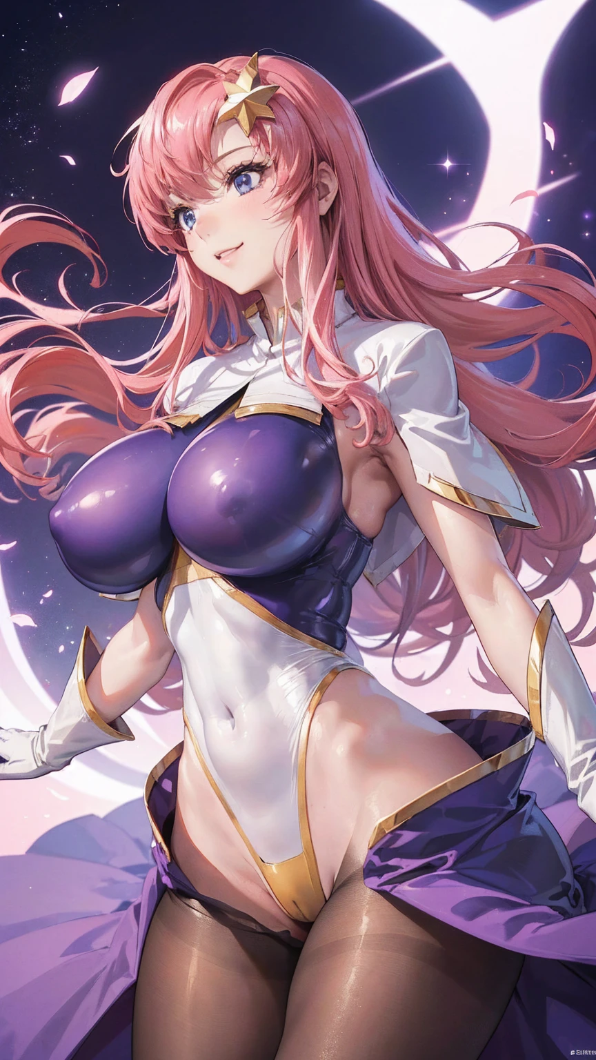 (masterpiece)、(Best image quality)、(Very detailed)、(Very detailed)、4K、(8k)、Best image quality、(beautiful)、
More about Campbell, 1 Girl, star hair ornaments, hair ornaments, Pink Hair, Long Hair, gloves, Leotard Purple Leotard, White leotard, A tight leotard、Huge breasts、Thick thighs、,A light smile、Dynamic pose、gravure、Dynamic Angle、Noise Reduction、Emphasis on the crotch、Breast Augmentation,Black Pantyhose