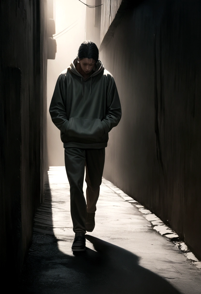 a thin man with short black hair, wearing a hoodie, walking down a dark alley, looking down, hands in pockets, minimalist character, 8k, high resolution, photorealistic, cinematic lighting, moody atmosphere, dramatic shadows, muted color palette