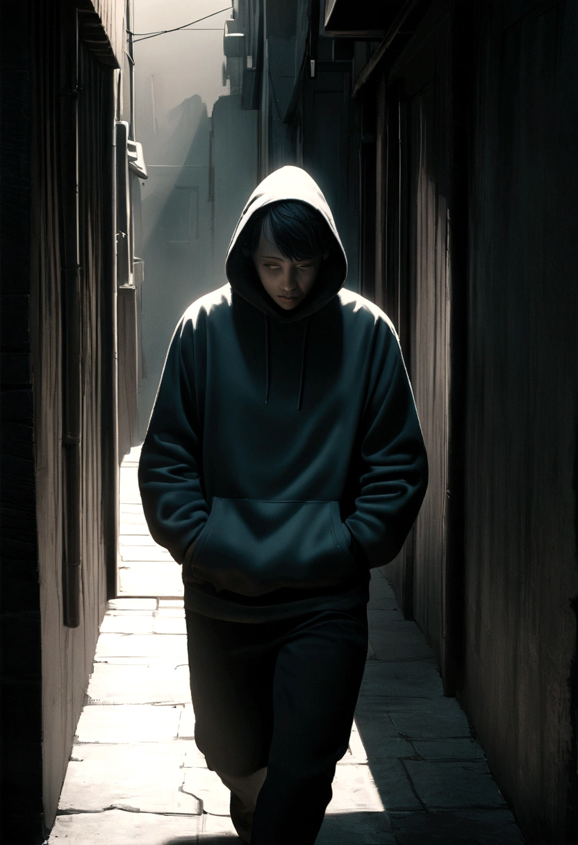 a thin man with short black hair, wearing a hoodie, walking down a dark alley, looking down, hands in pockets, minimalist character, 8k, high resolution, photorealistic, cinematic lighting, moody atmosphere, dramatic shadows, muted color palette