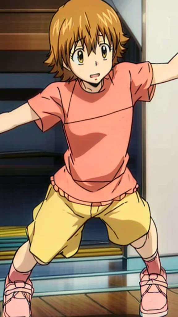 kyoko1, short hair, brown hair, (Pink shirt with Yellow dress:1.2), brown eyes, Masterpece, Full body,  (masterpiece, best quality:1.2), Pink Shose, Slip on, Smling, Daytime,