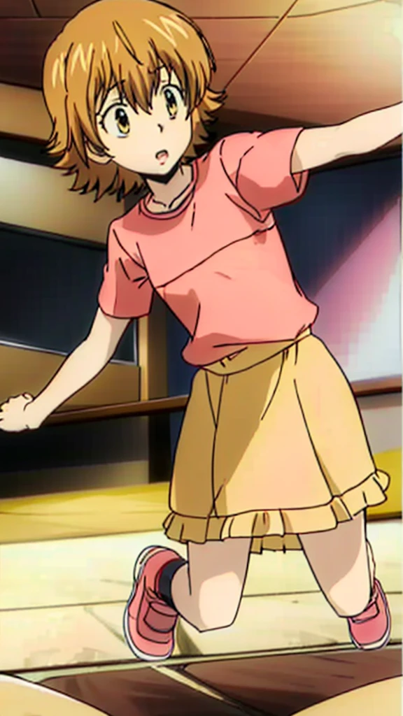 kyoko1, short hair, brown hair, (Pink shirt with Yellow dress:1.2), brown eyes, Masterpece, Full body, (masterpiece, best quality:1.2), Pink Shose, Slip on, Smling, Daytime,
