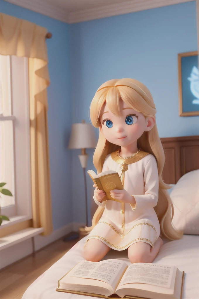 there is a with golden hair with beautiful and big brown eyes with white sparkles, she is in her room, while she is holding a book with a golden cover, she is sitting on the bed, and from the book emanates a golden light (( the book is magic)) the blue light emanates from the pages of the book, ((the blue light reflects on the little girl's face)), the book is color golden
