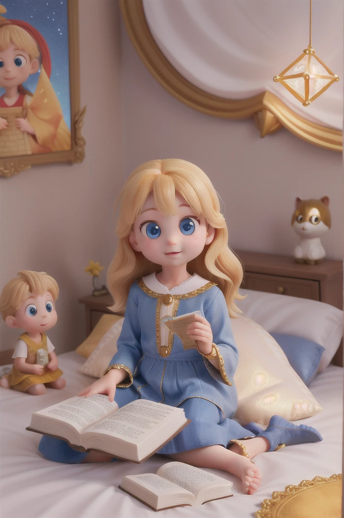 there is a with golden hair with beautiful and big brown eyes with white sparkles, she is in her room, while she is holding a book with a golden cover, she is sitting on the bed, and from the book emanates a golden light (( the book is magic)) the blue light emanates from the pages of the book, ((the blue light reflects on the 's face)), the book is color golden