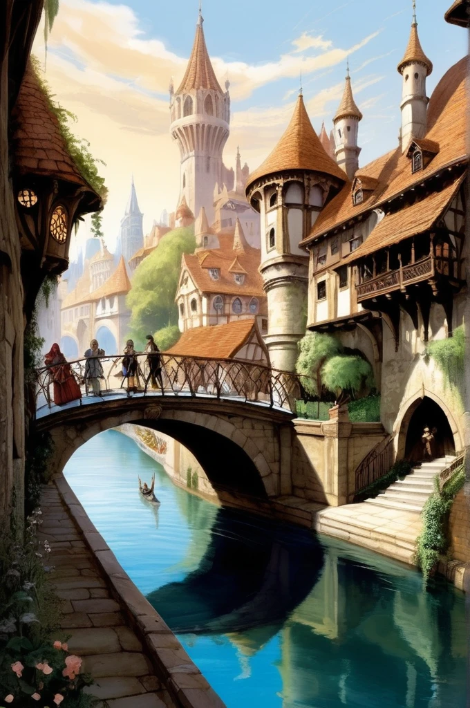 , Josh Kirby Style page, a grand capital city nestled in the heart of a magical realm inspired by Dungeons and Dragons. The city stands as a testament to both architectural splendor and mystical enchantments. The streets are bustling with life, filled with a diverse array of creatures, both human and fantastical, going about their daily routines. The buildings showcase a harmonious blend of traditional medieval design and whimsical magical enhancements. Ornate bridges span over flowing rivers and canals, connecting various districts of the city. Gardens and parks are interspersed throughout, teeming with vibrant, otherworldly flora and fauna. In the central square, a magnificent fountain serves as a gathering place, its waters sparkling with magical energies.