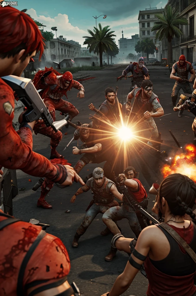 4 personas luchando contra zombis, en la parte de arriba en rojo dice RAGE CUP