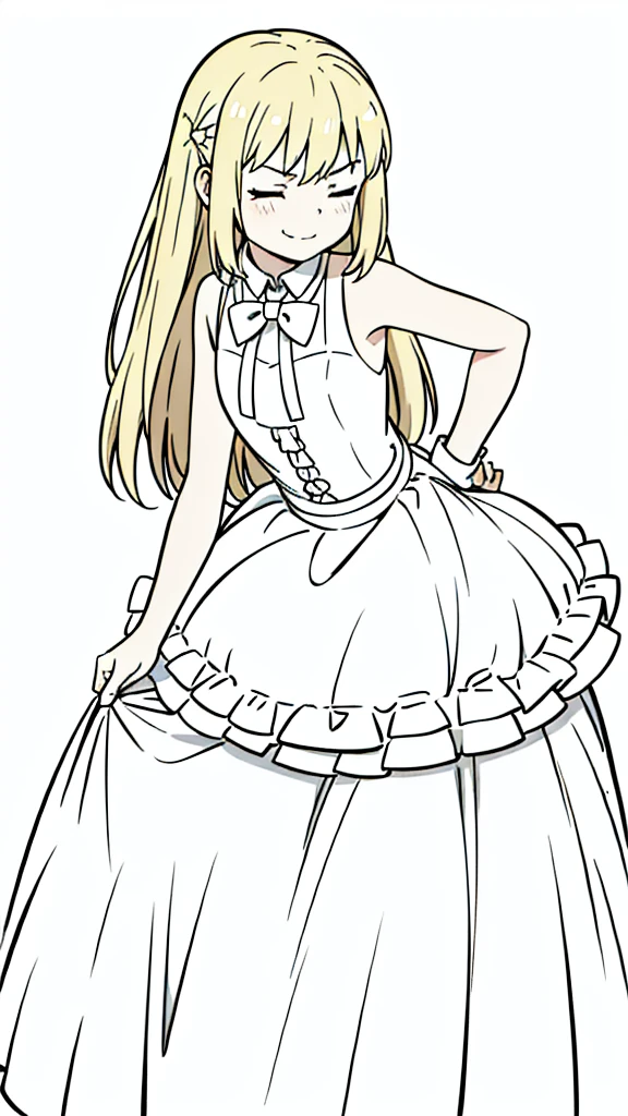 (1girl,,small),blonde hair,long hair, white dress, sleeveless, bow tie, bare shoulders,closed eyes,angry,smile,(white background,line drawing),((leaning forward)),a closed hand
