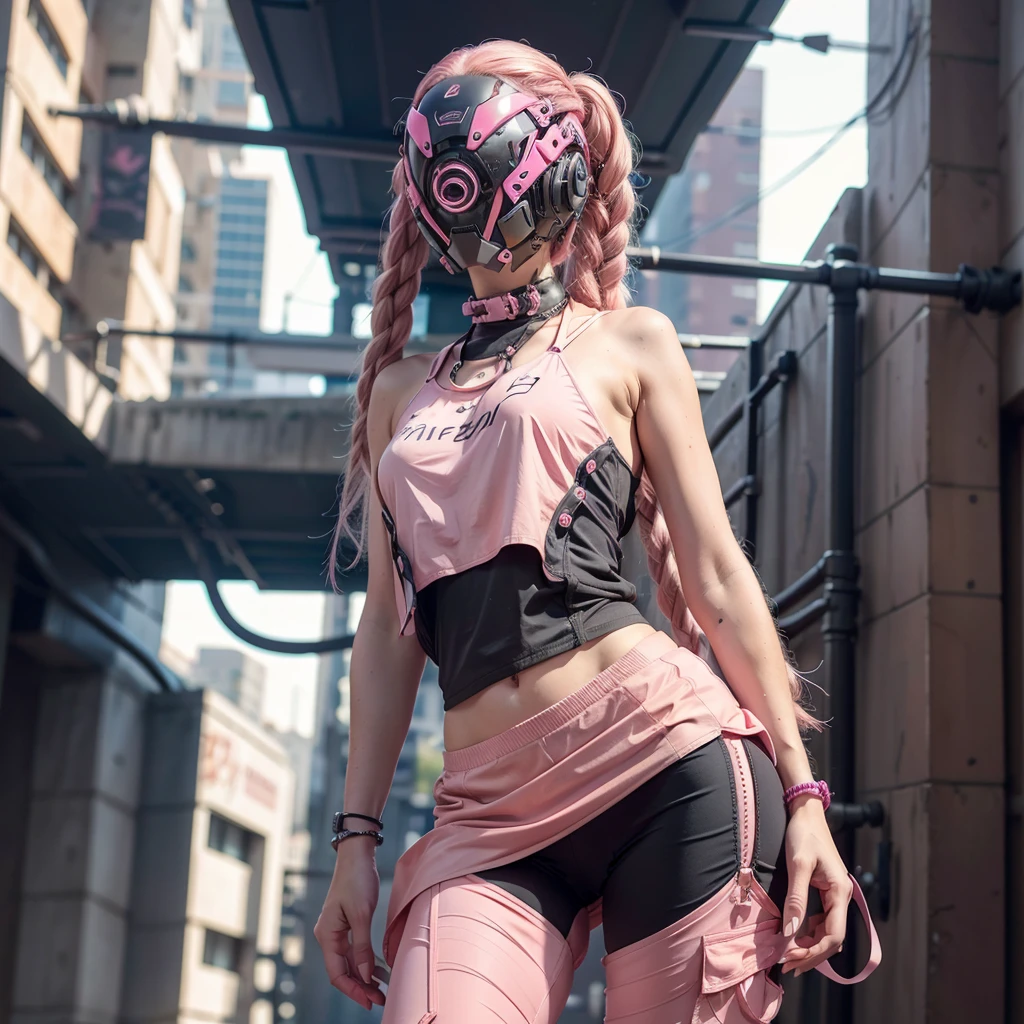 1girl, long pink braided hair, cyber helmet, sexy black tank top, cyber body, white cargo pants, mouth mask, covered mouth, pale skin, Blur background, 8K, Hi-Res