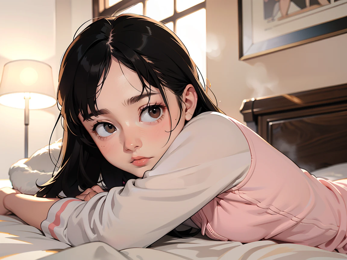Swedish, American, German, young woman, 20-year-old, Downtown, In big cities,sweat, pajamas, relaxing ((Strong Gaussian Blur)), ((Soft lighting)), (((Very hazy:1.2))),, (Very bright), (Dreamy atmosphere), Bright and vibrant colors, (Blushing:1.2), Lying in bed
