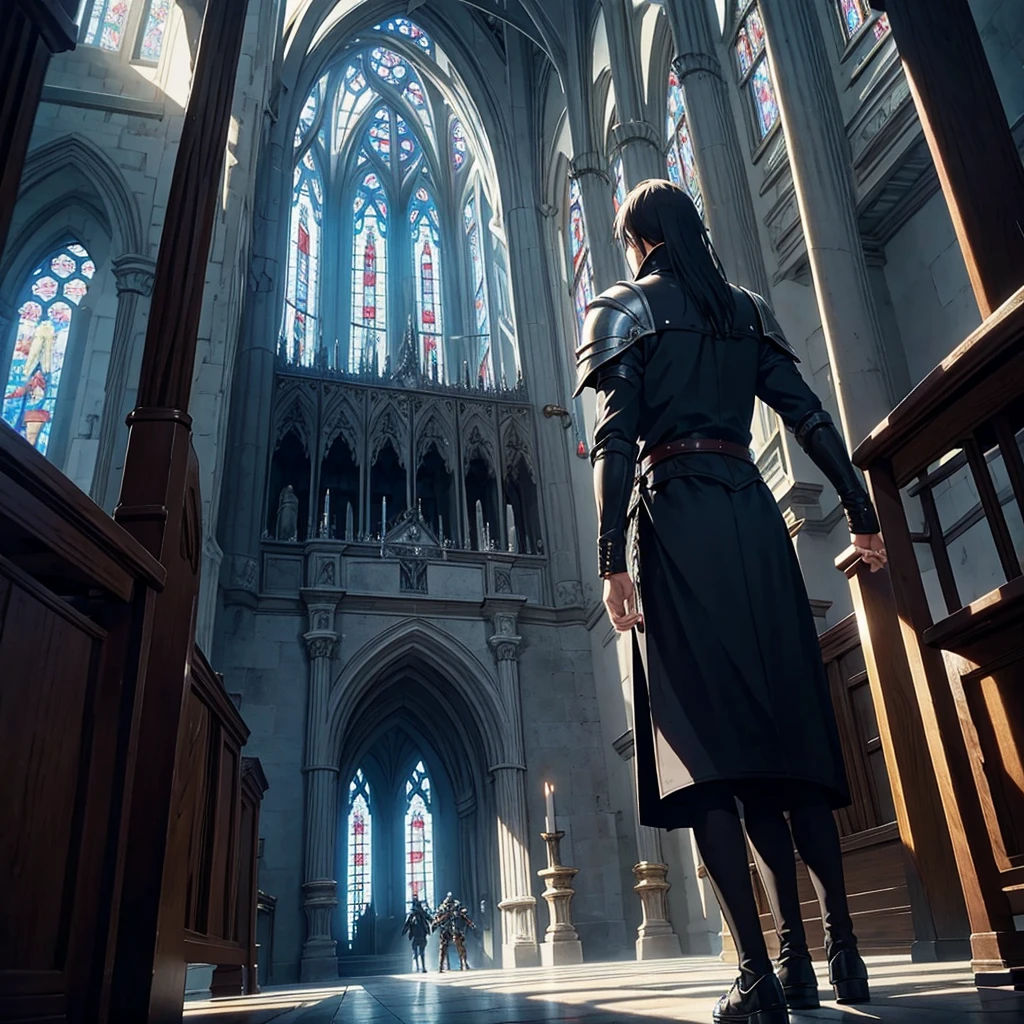 Anime fight, fighting knights, epic battle, in gothic church, super detailed 