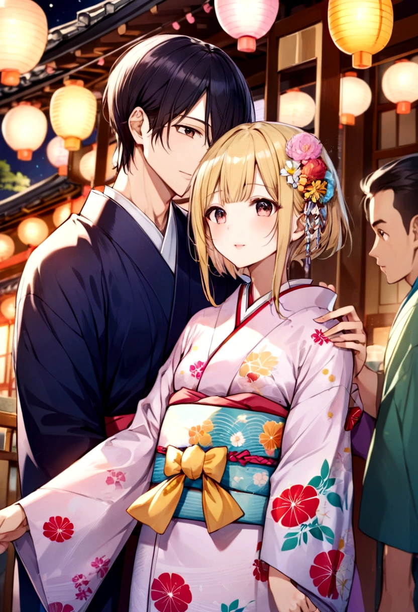 Chica japonesa vestida con kimono 👘 conviviendo con un chico estadounidense