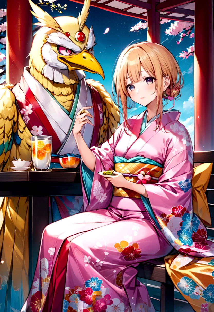 Chica japonesa vestida con kimono 👘 conviviendo con un chico estadounidense