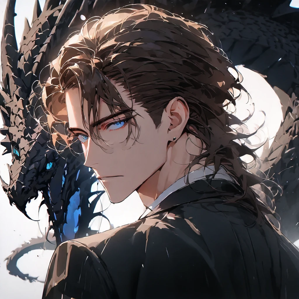 portrait. Half body.look back. A man in a suit has his back to the camera. handsome,Dark portrait. 8K quality., Raw Work, (brown hair),(blue eyes), (Black suit), (background: great black dragon)