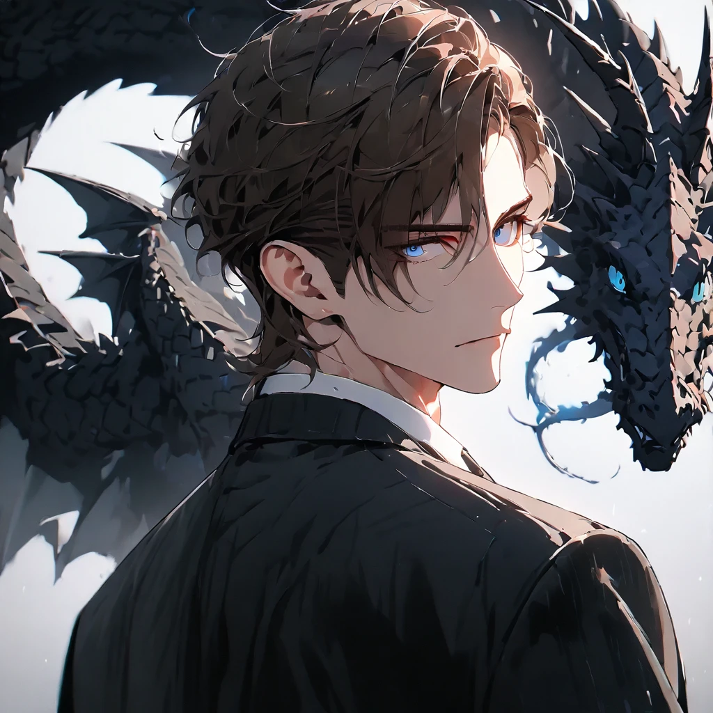 portrait. Half body.look back. A man in a suit has his back to the camera. handsome,Dark portrait. 8K quality., Raw Work, (brown hair),(blue eyes), (Black suit), (background: great black dragon)