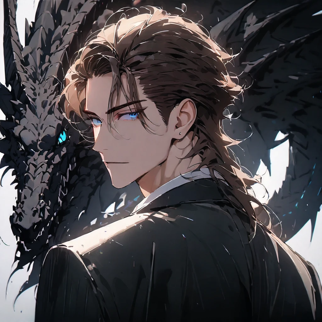 portrait. Half body.look back. A man in a suit has his back to the camera. handsome,Dark portrait. 8K quality., Raw Work, (brown hair),(blue eyes), (Black suit), (background: great black dragon)