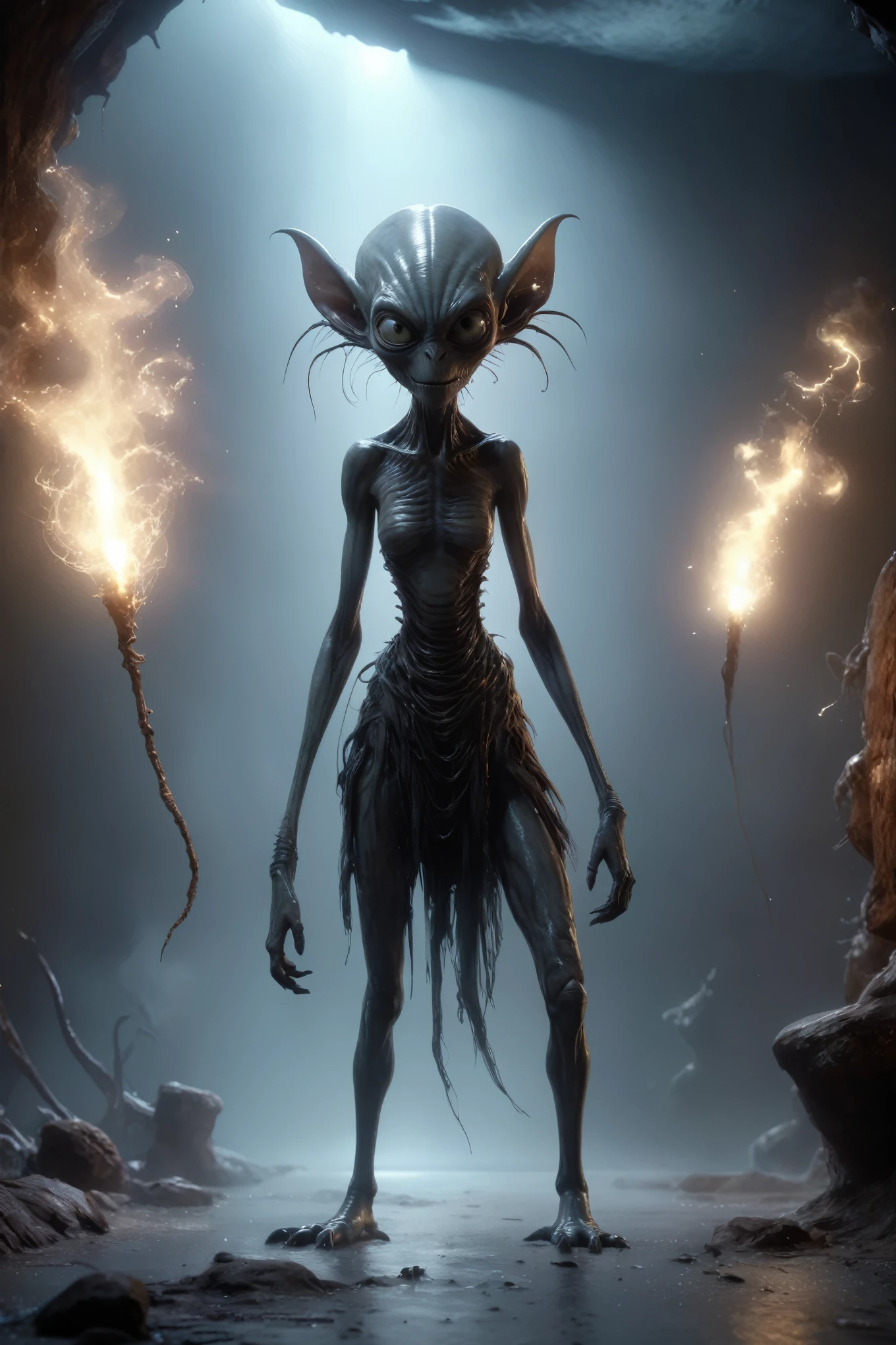 full body length,niobium goblin,native africa xenomorph,once pretty face,eyebrow up,full body shot,ominous landscape,niobium gray atmosphere,photo,photorealism,Masterpiece,natural skin textures, hyper realism,hyper detailed,High contrast,Realism,Ultra Detailed,irina yermolova,close full body shot,32K resolution,Nikon Z9, ,demonic, dust, smoke, audience, mist, featuring ultra-realistic and hyper-realistic elements,  Marta Bevacqua, Ellen Jewett, Kawacy, Katsuya Terada, Carne Griffiths, light stroke, light beam, explosive lightning, sparks, concert lighting,  luminal space that feels both bright and surreal. Includes liquid fluid elements for added depth and movement. Rendered in an unreal engine and post-processed to achieve . Evokes a sense of dreamy, ethereal and mystical mood,pixar movie still, pixar movie screenshot, frame from pixar movie, animated movie still, still from the pixar movie, still from a pixar movie, disney pixar movie still, pixar movie scene, still from pixar movie, still from a 2001 pixar movie, pixar render, animated film still