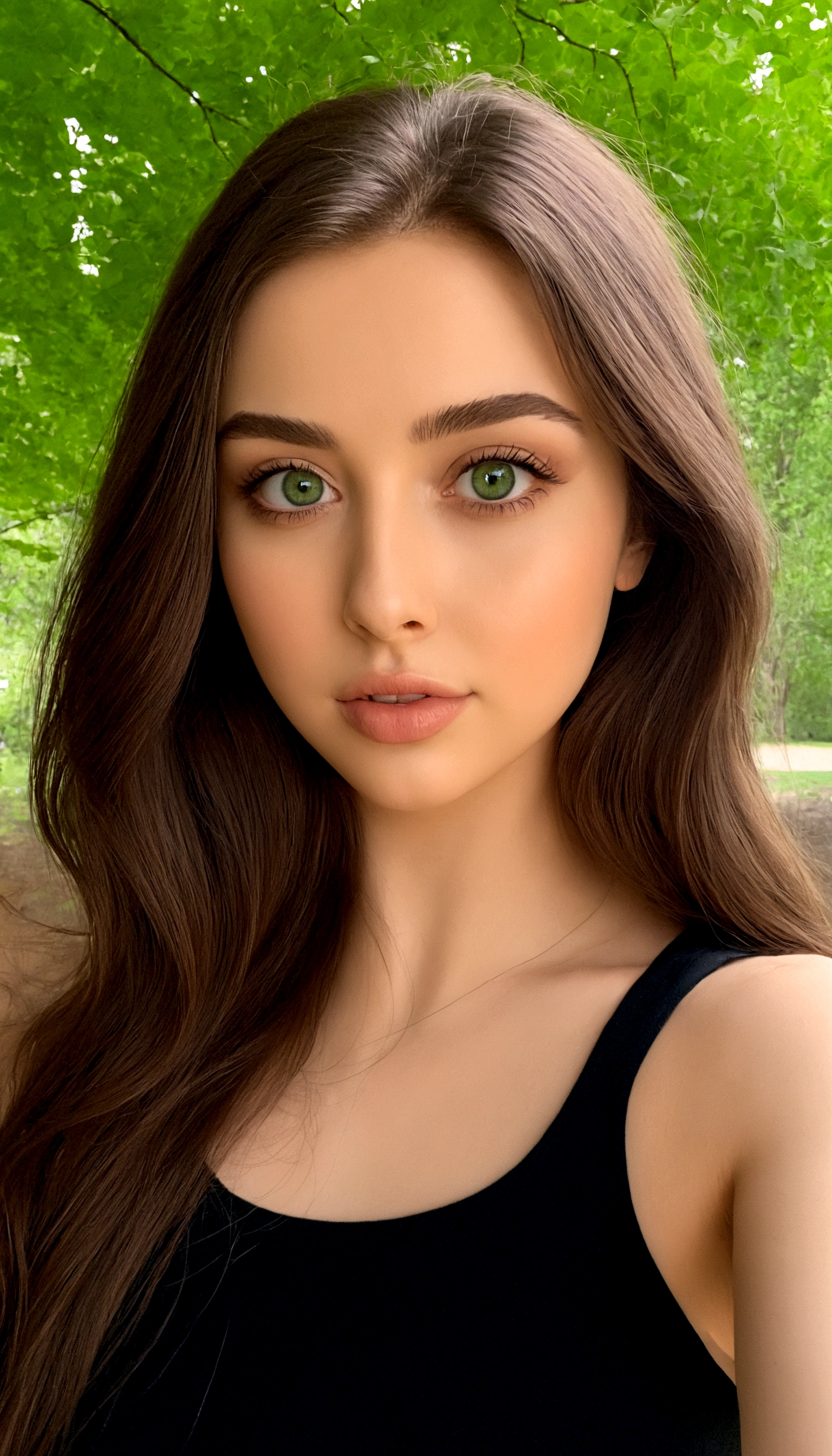 Afared Full Woman, with green eyes, Nude, Ultra realistic, Meticulously detailed, portrait of Sophie Mudd, Brunette hair and Big Eyes, Selfie of a young woman, Bedroom eyes, Violet Myers, No Makeup, Natural Makeup, Looking directly at the camera, face artgram, subtle make-up, impressive photo of the whole body kneeling, in the park, Medium and large size chest, allowing the face to be seen clearly, portrait, in a park