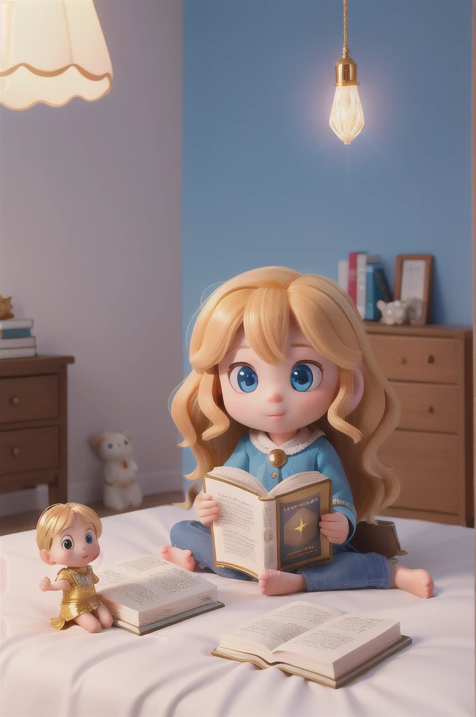 there is a with golden hair with beautiful and big brown eyes with white sparkles, she is in her room, while she is holding a book with a golden cover, she is sitting on the bed, and from the book emanates a golden light (( the book is magic)) the blue light emanates from the pages of the book, ((the blue light reflects on the little girl's face)), the book is color golden