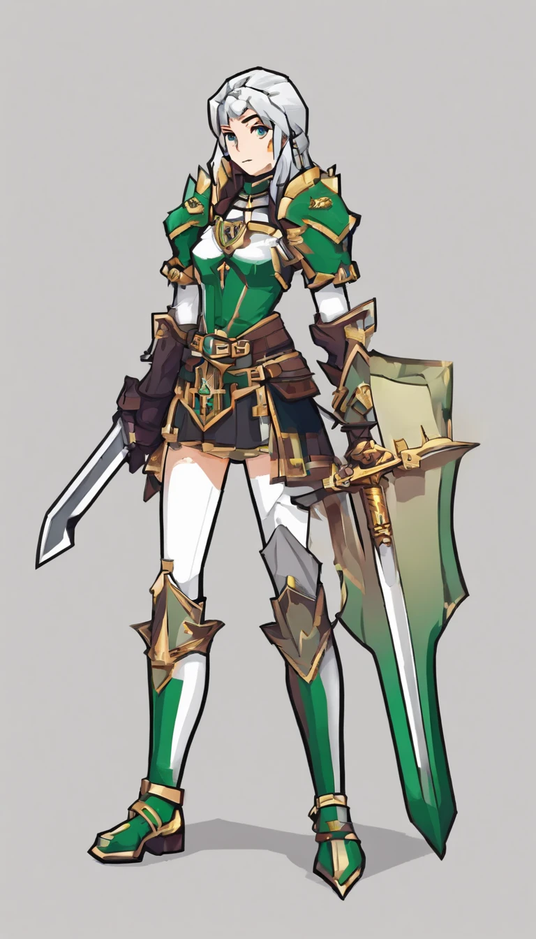 (8K,Best quality,style of anime),Ancient European realistic style armor,Silver-haired female knight,Green emerald pupils,High ponytail,Wearing silver-white armor,Delicate facial features,The drawing style is similar to that of characters in anime,Boots,Gaiters,with a pure white background,Character design,quadratic element,Include a small amount of introductory text,Three views of the female knight