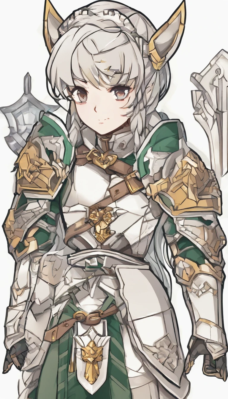 （8K，Best quality，style of anime），Ancient European realistic style armor，Silver-haired female knight，Green emerald pupils，High ponytail，Wearing silver-white armor，Delicate facial features，The drawing style is similar to that of characters in anime，Boots，Gaiters，with a pure white background，Character design，quadratic element，Include a small amount of introductory text，Three views of the female knight