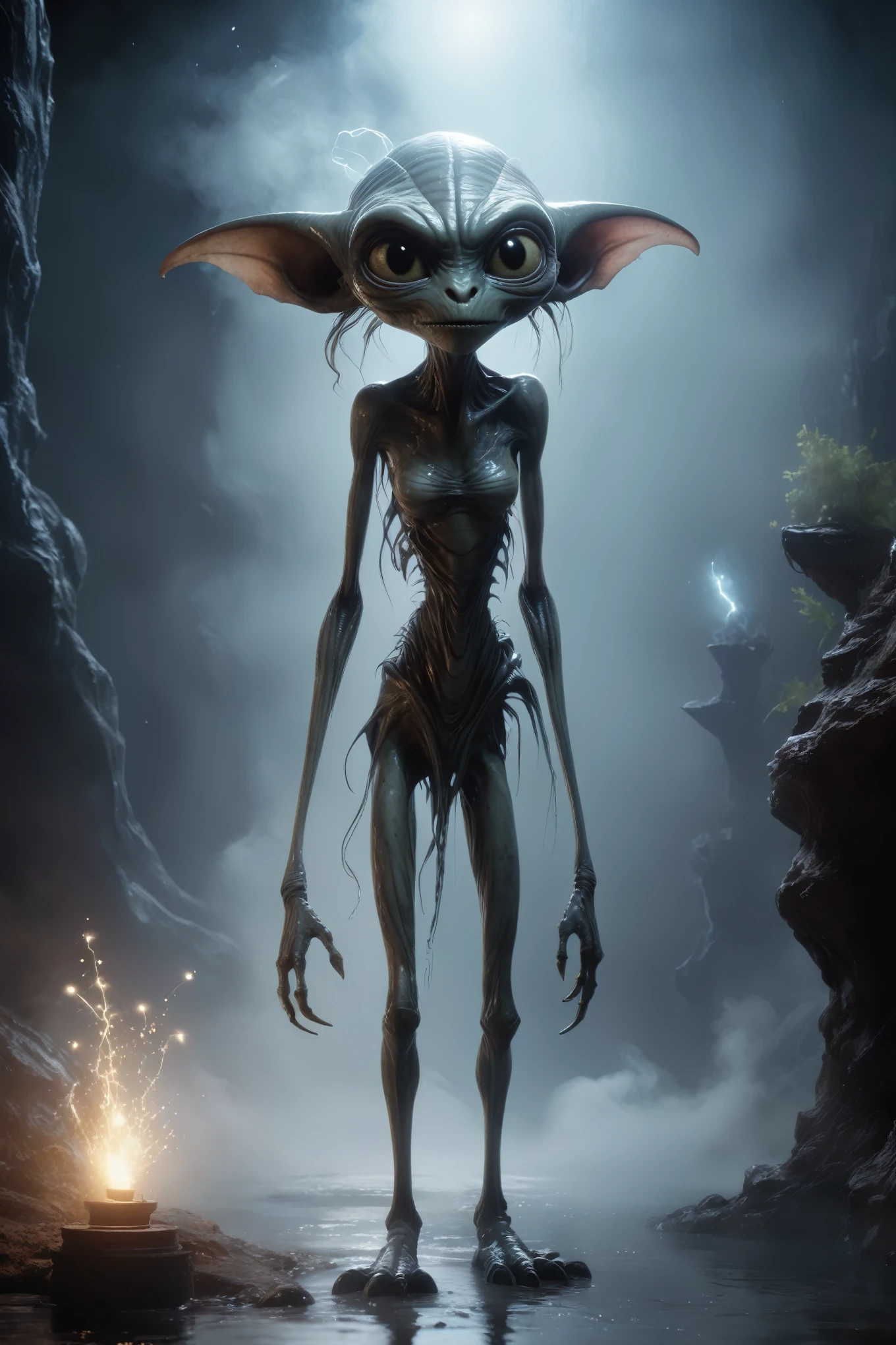 full body length,niobium goblin,native africa xenomorph,once pretty face,eyebrow up,full body shot,ominous landscape,niobium gray atmosphere,photo,photorealism,Masterpiece,natural skin textures, hyper realism,hyper detailed,High contrast,Realism,Ultra Detailed,irina yermolova,close full body shot,32K resolution,Nikon Z9, ,demonic, dust, smoke, audience, mist, featuring ultra-realistic and hyper-realistic elements,  Marta Bevacqua, Ellen Jewett, Kawacy, Katsuya Terada, Carne Griffiths, light stroke, light beam, explosive lightning, sparks, concert lighting,  luminal space that feels both bright and surreal. Includes liquid fluid elements for added depth and movement. Rendered in an unreal engine and post-processed to achieve . Evokes a sense of dreamy, ethereal and mystical mood,pixar movie still, pixar movie screenshot, frame from pixar movie, animated movie still, still from the pixar movie, still from a pixar movie, disney pixar movie still, pixar movie scene, still from pixar movie, still from a 2001 pixar movie, pixar render, animated film still