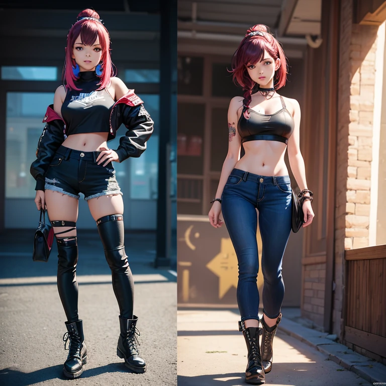 A front and back full body view of a female model in a punk-inspired outfit. The girl is depicted in a playful and vibrant manner, similar to the style shown in the reference image. She wears a High-waisted jeans with a crop top, flannel shirt, and combat boots. Her hair is styled in edgy punk manner, and she has a friendly and approachable expression. The front view shows her standing confidently, while the back view highlights the details of her outfit and hairstyle. The overall design is clean and colorful. Highly detailed, 8k, smooth, sharp focus, trending on artstation, digital painting, by Stanley Artgerm Lau, WLOP, Rossdraws, James Jean, Andrei Riabovitchev, Marc Simonetti, and Sakimichan,