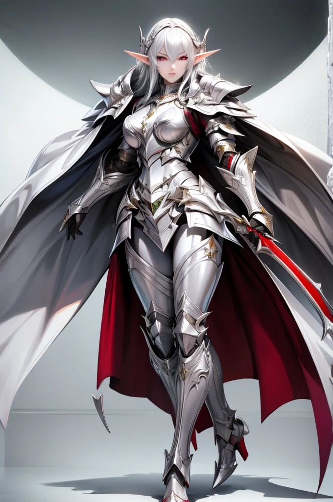 female elf knight, full body art, silver hair, white skin, red iris eye, knight full plate adorned armor, silver cape, perfectly detailed